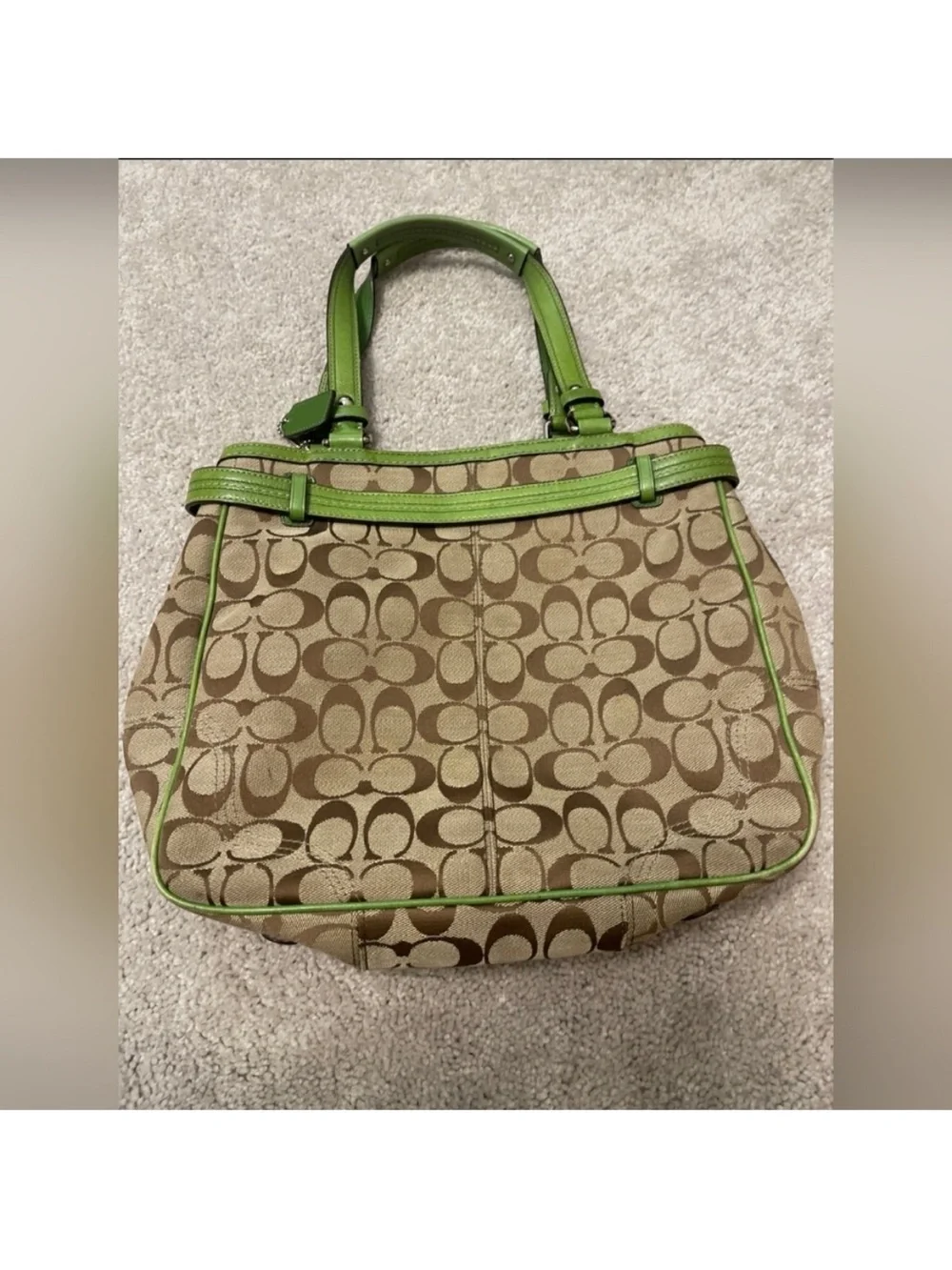 Coach Beige Signature Canvas Tote with Green Trim and Zebra Stripe